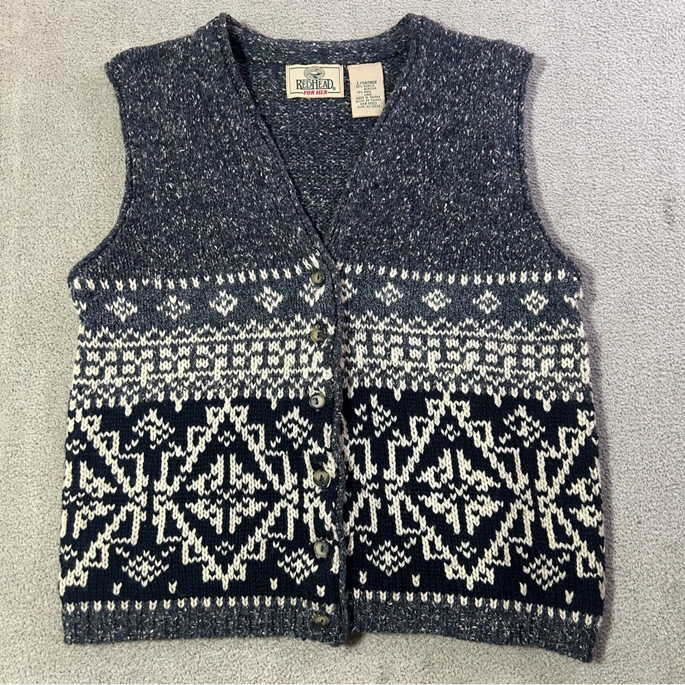 Red Head Knit Sweater Vest Women’s Large Gray Fair Isle Print Acrylic Wool Blend